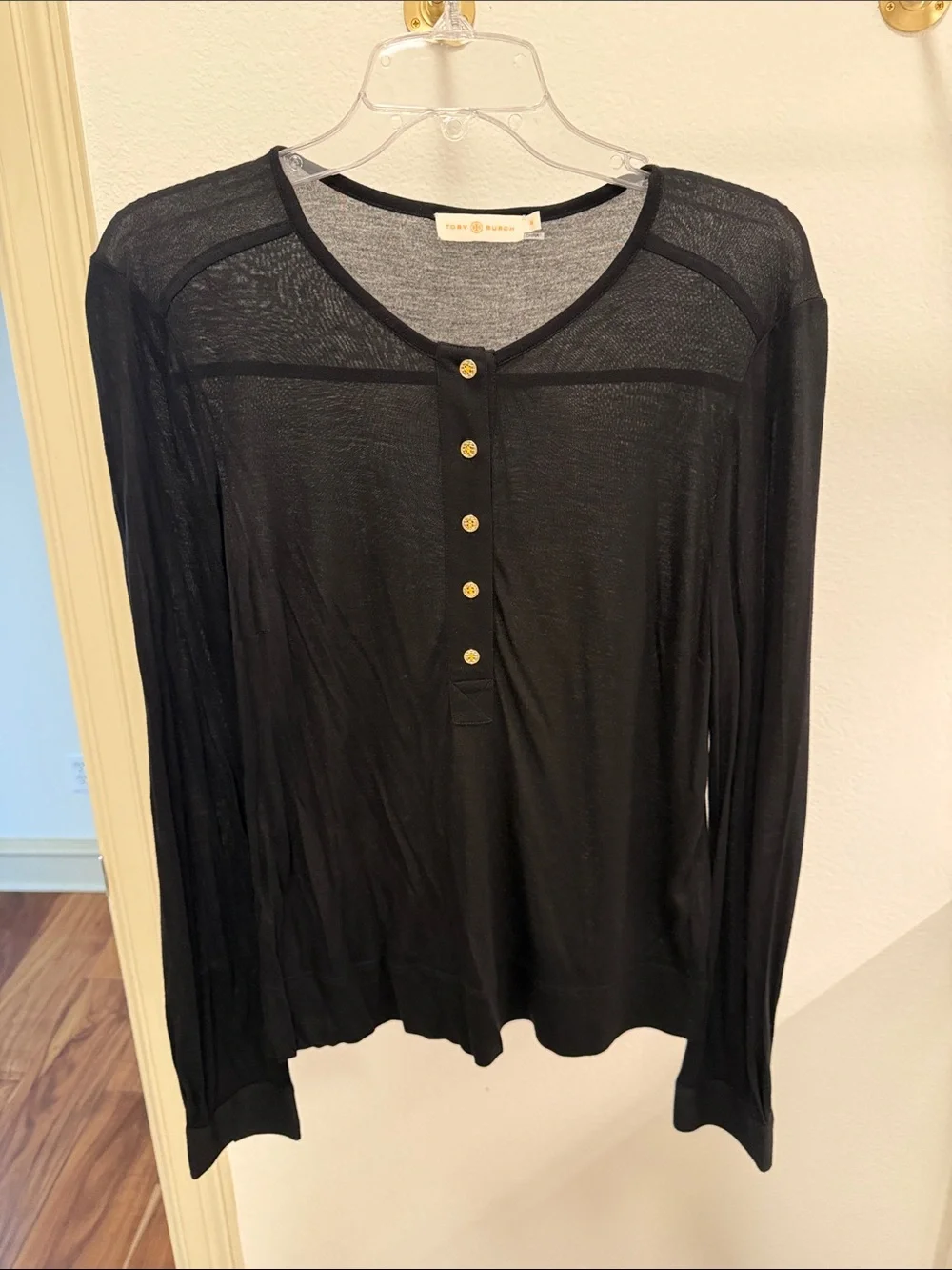 Tory Burch Black Lightweight Long-Sleeve Henley with Gold Buttons